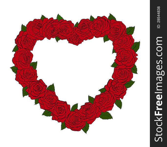 The frame in the form of a silhouette of the heart, bordered with flowers roses and leaves. Great item for card designs. The frame in the form of a silhouette of the heart, bordered with flowers roses and leaves. Great item for card designs