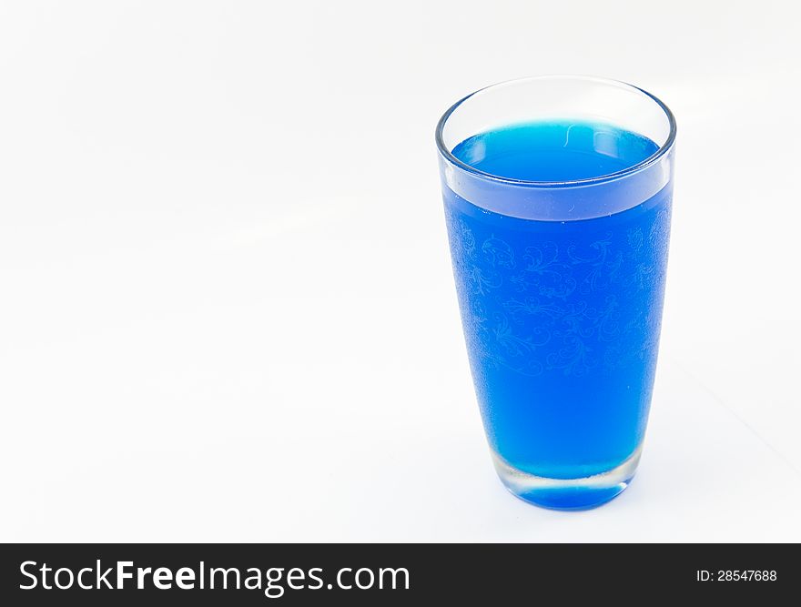Glass and blue water on a white background.