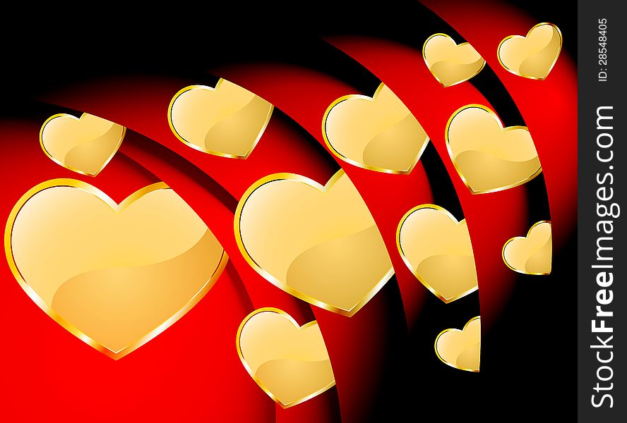 Gold heart inside in the red roll background. Gold heart inside in the red roll background