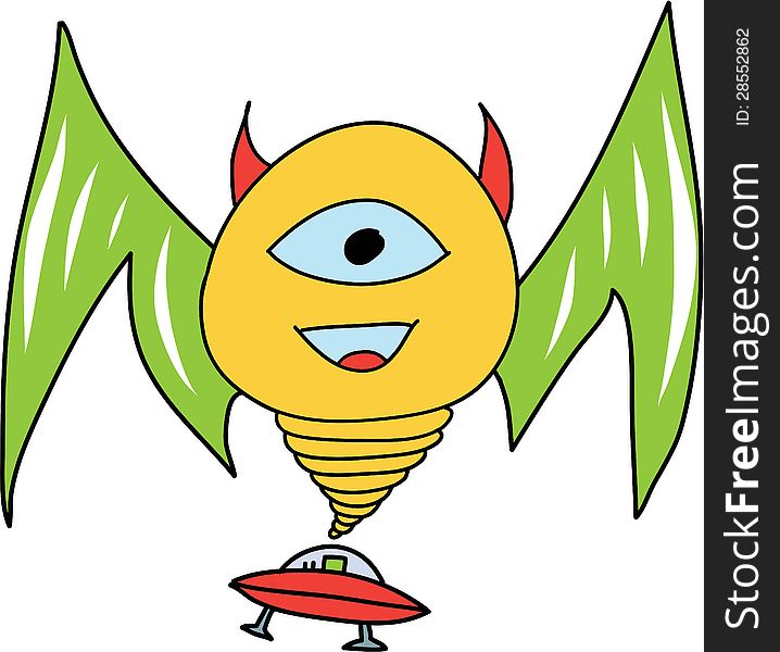 Smiling Monster with UFO lost in space . Over white background