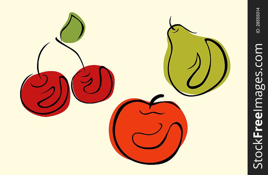 Simple cartoon-stylized illustrations of cherries, apple and pear. Simple cartoon-stylized illustrations of cherries, apple and pear