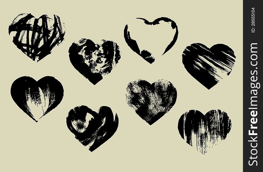 Black imprinted grunge heart shapes. Black imprinted grunge heart shapes