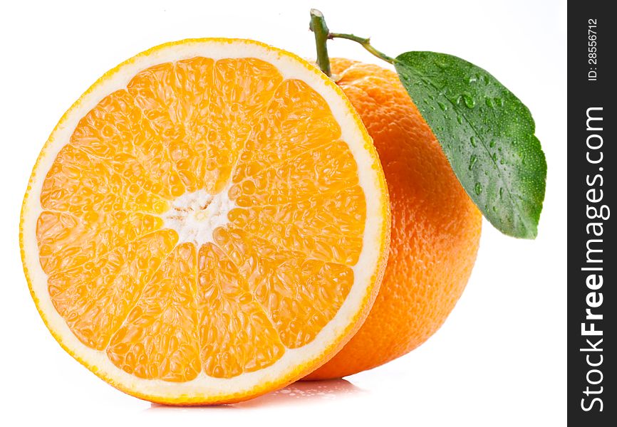 Orange with leaf on a white background. Orange with leaf on a white background.