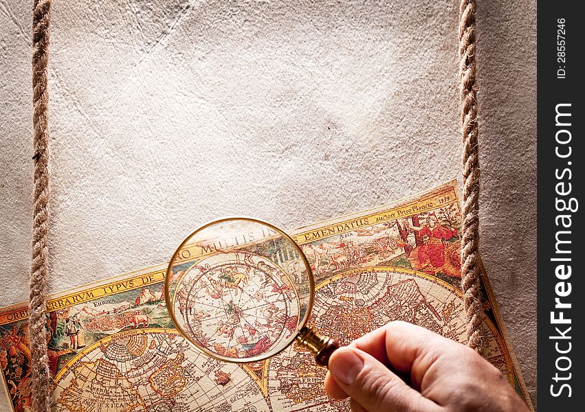 Viewed through a magnifying glass on the old map. Viewed through a magnifying glass on the old map.