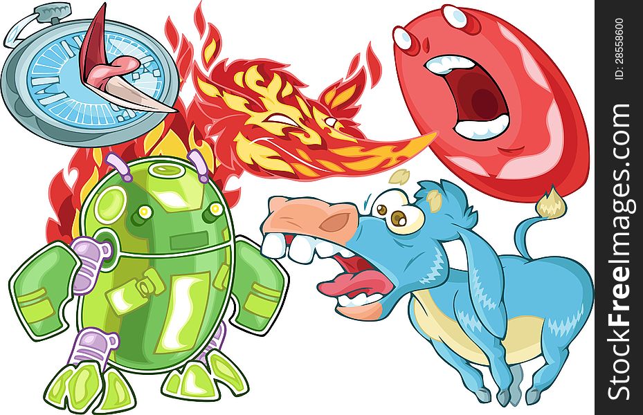 The Illustration shows famous internet browsers mascots, looking and screaming one to each other. They looks like animal and symbols mascots. Among them blue screaming donkey, flame smiling fox, green robot, red screaming letter and bird like compass. The characters are on separate layers in a cartoon style. The Illustration shows famous internet browsers mascots, looking and screaming one to each other. They looks like animal and symbols mascots. Among them blue screaming donkey, flame smiling fox, green robot, red screaming letter and bird like compass. The characters are on separate layers in a cartoon style.