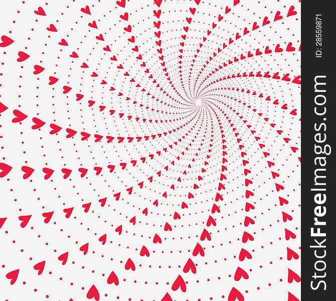 Funnnel of twisting and spinning rotating hearts of varied size, vector valentines background. Funnnel of twisting and spinning rotating hearts of varied size, vector valentines background