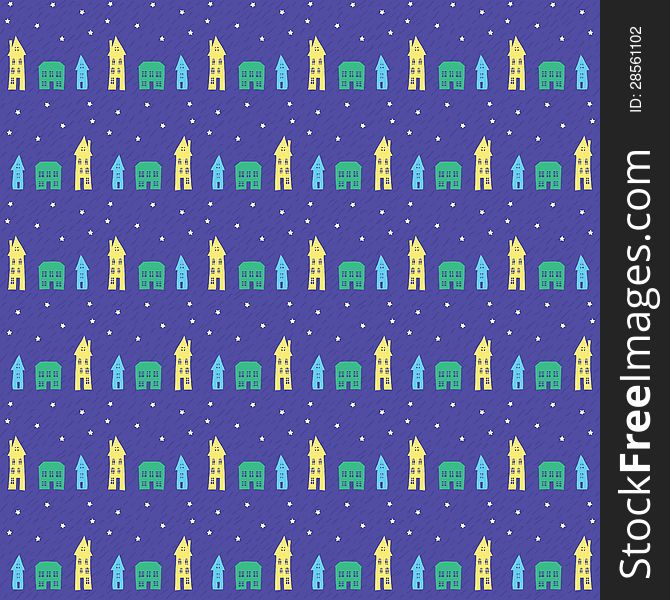 Village or small town at night, seamless pattern