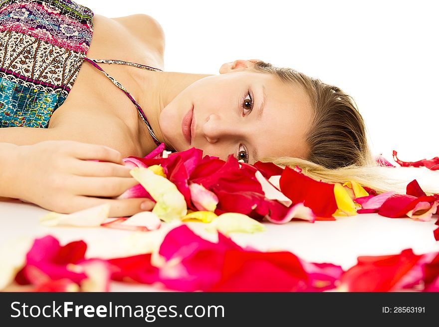 Portrait of a beautiful girl with rose petals. Portrait of a beautiful girl with rose petals