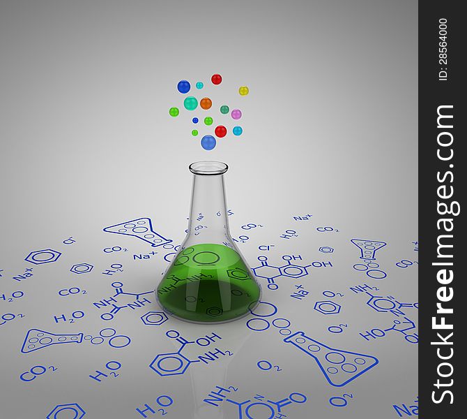 3D model of glass test tube with green liquid and bubbles on chemical diagram