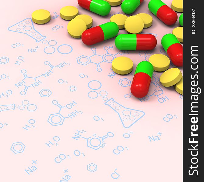 3D model of yellow pills and red green capsules on chemical diagram. 3D model of yellow pills and red green capsules on chemical diagram