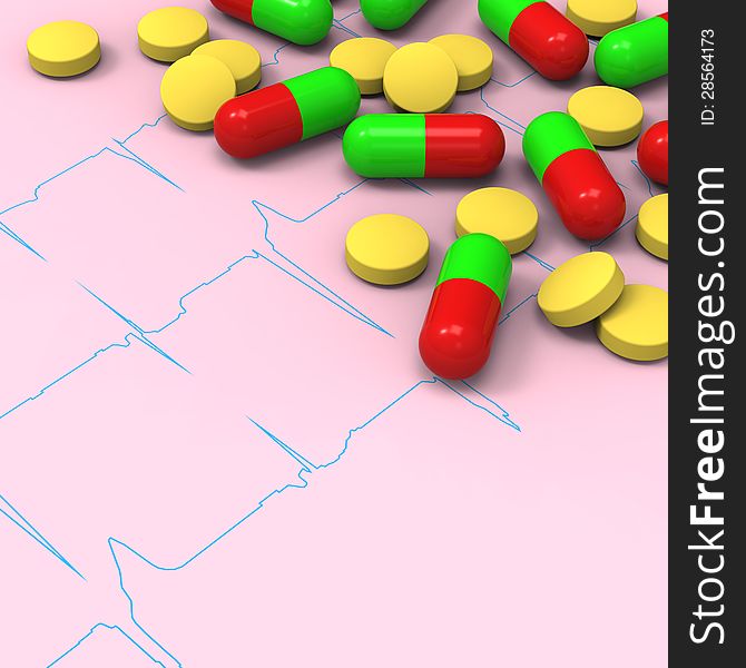 3D model of yellow pills and red green capsules on abnormal electrocardiogram (ECG) report. 3D model of yellow pills and red green capsules on abnormal electrocardiogram (ECG) report