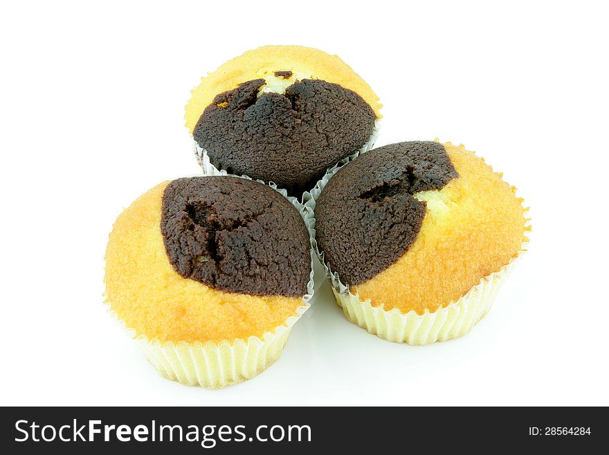 A plain and chocolate muffin on a white background.