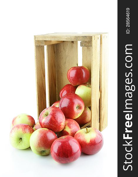 Red Elstar apples in a wooden crate, on a white background. Red Elstar apples in a wooden crate, on a white background.