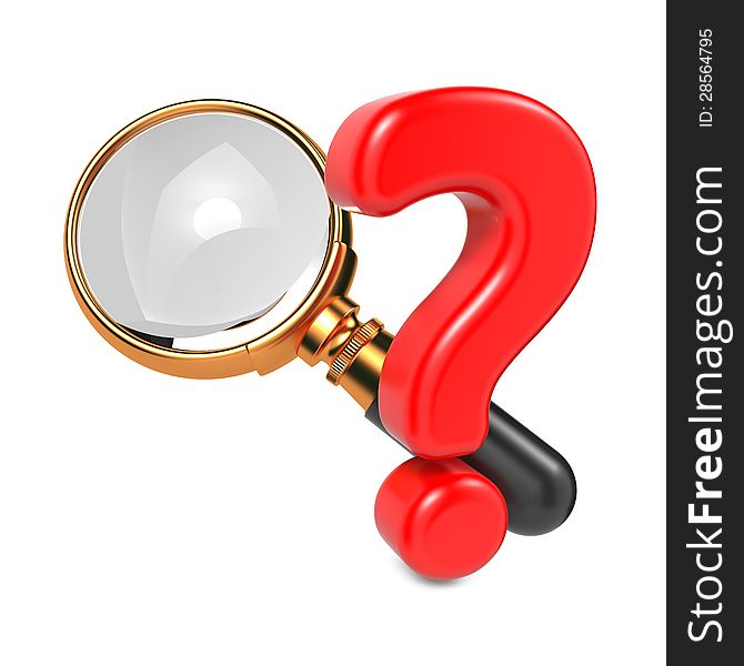 Magnifying Glass with Gold Border and Question Mark. Isolated on White. Magnifying Glass with Gold Border and Question Mark. Isolated on White.