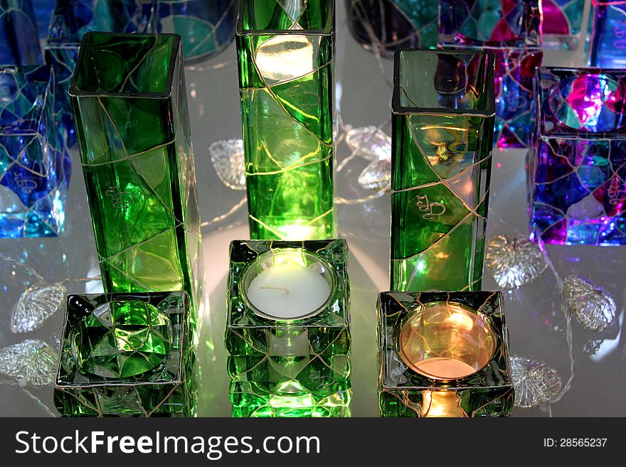 Colored glass decorations lighted for interior