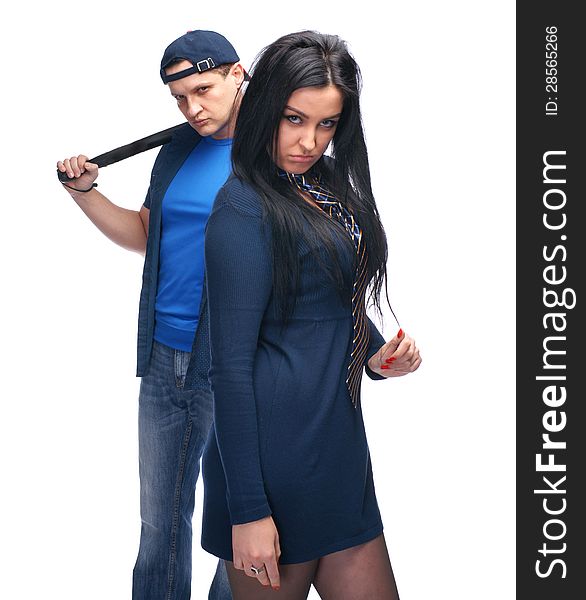 Angry men with police stick and his girlfriend on white background. Angry men with police stick and his girlfriend on white background