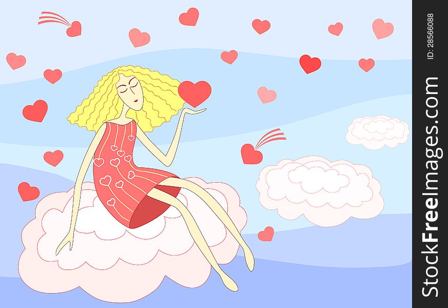 Beautiful young lady sitting on a cloud under hearts rain. Beautiful young lady sitting on a cloud under hearts rain.