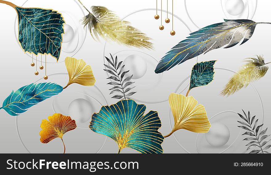 floral functional canvas art wallpaper, ginkgo leaves, feathers and tree branches watercolor geode painting. marbled wavy shapes in light gray background. floral functional canvas art wallpaper, ginkgo leaves, feathers and tree branches watercolor geode painting. marbled wavy shapes in light gray background.
