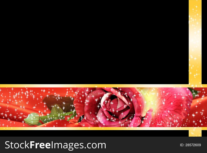 Red rose frame with sparkling stars over black background. Red rose frame with sparkling stars over black background