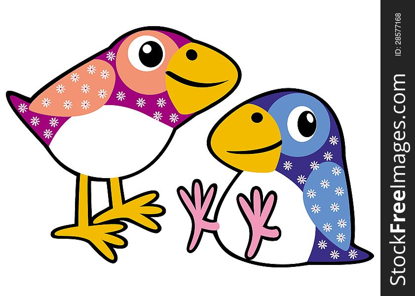 Two cartoon birds,illustration for babies and little kids. Two cartoon birds,illustration for babies and little kids