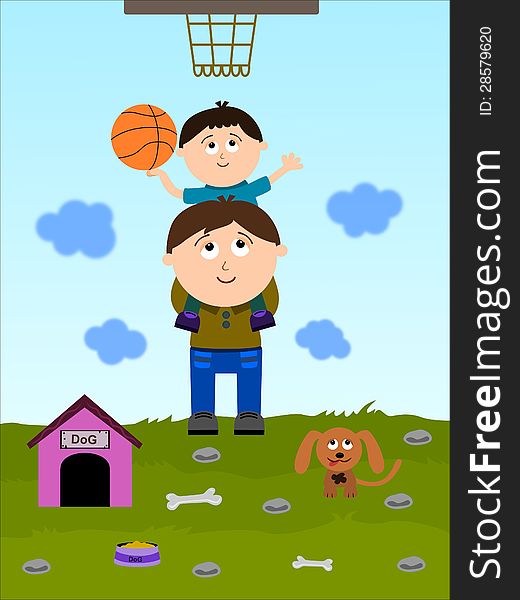 An illustration of a father lifting his son on his shoulder to shoot a basketball. An illustration of a father lifting his son on his shoulder to shoot a basketball