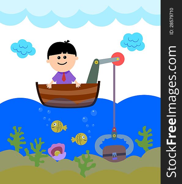 A cartoon business man in the sea is lifting a treasure chest with his boat. A cartoon business man in the sea is lifting a treasure chest with his boat