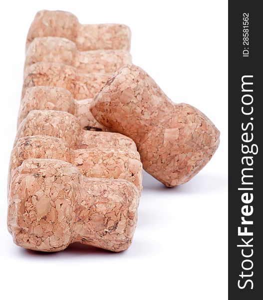 Cortical Champagne Corks in a Row  on white background