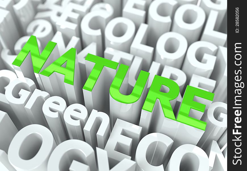 Nature Green Word. Inscription of Green Color Located over Text of White Color. Nature Green Word. Inscription of Green Color Located over Text of White Color.