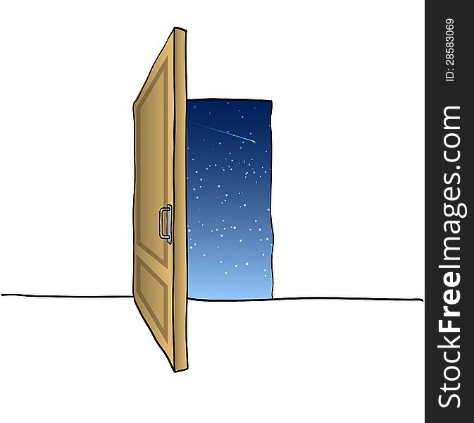 Opened door, sketch illustration in funny doodle style