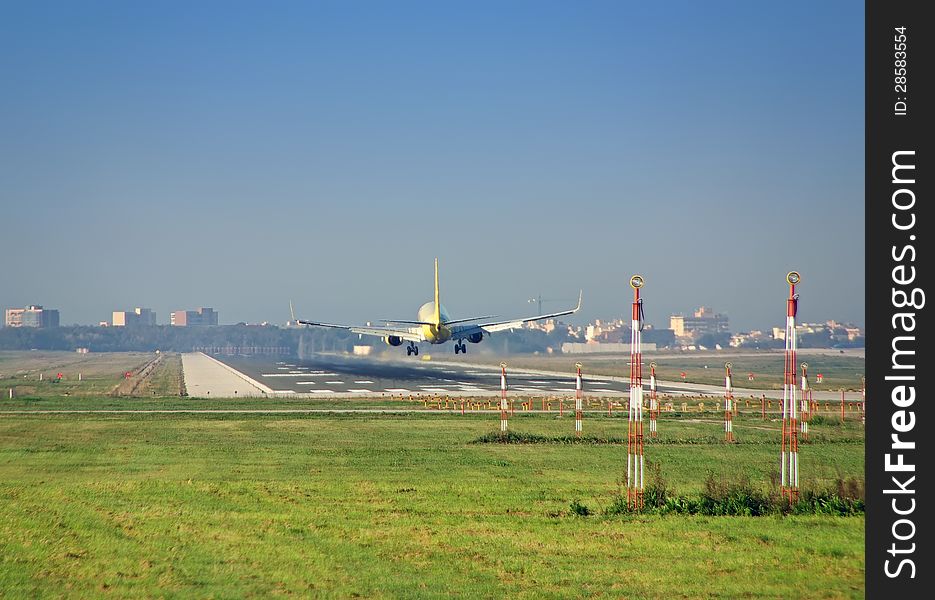 Passenger plane landing in the airport. Passenger plane landing in the airport