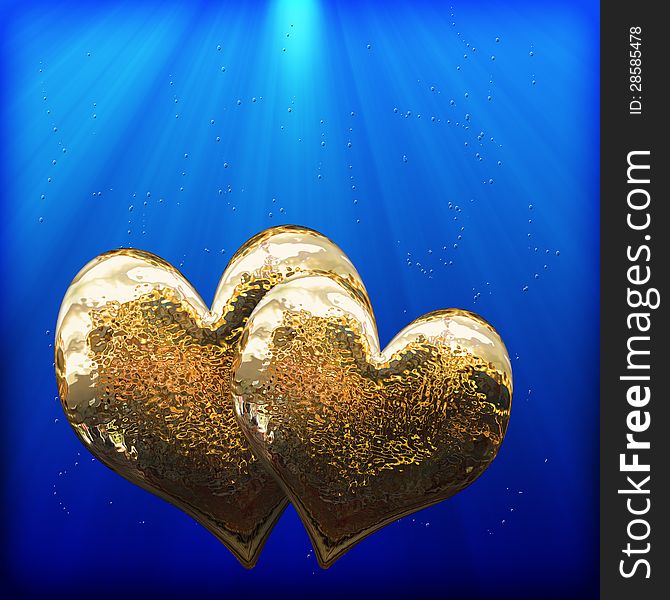 Two golden hearts in the sunshine, as a symbol of love. Two golden hearts in the sunshine, as a symbol of love