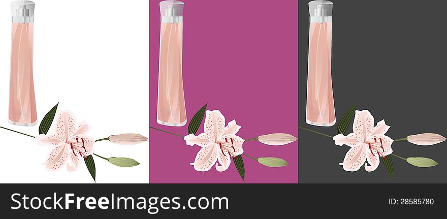 Glass bottle for perfume with lily. The composition is shown in white, purple, dark gray backgrounds. Glass bottle for perfume with lily. The composition is shown in white, purple, dark gray backgrounds.