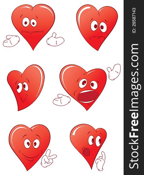 A set of simple funny ed hearts with faces and hands. A set of simple funny ed hearts with faces and hands