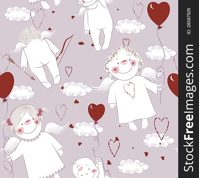 Angels with hearts shaped balloons on clouds background. Vector illustration. Angels with hearts shaped balloons on clouds background. Vector illustration