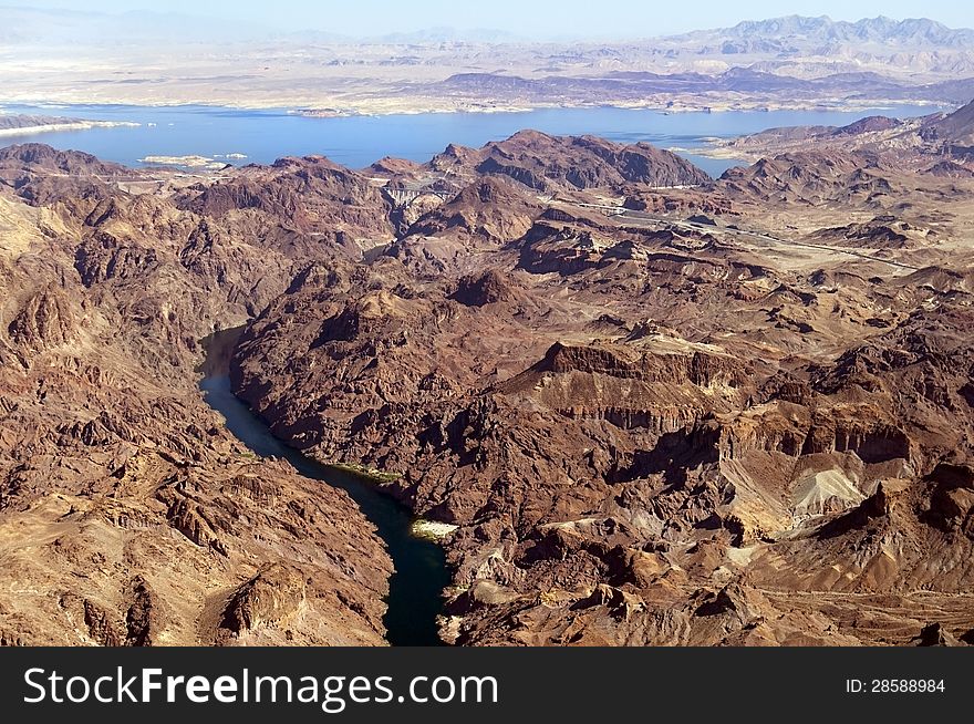 View from the helicopter to the great Colorado River and lake Mead , Nevada, United States. View from the helicopter to the great Colorado River and lake Mead , Nevada, United States