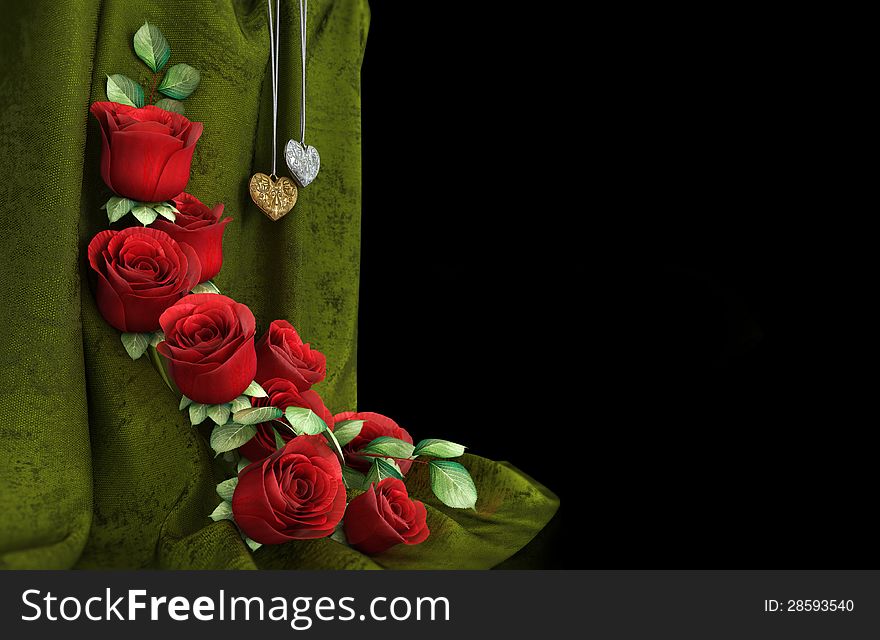 Isolate holiday background with roses, jewellery and fabric