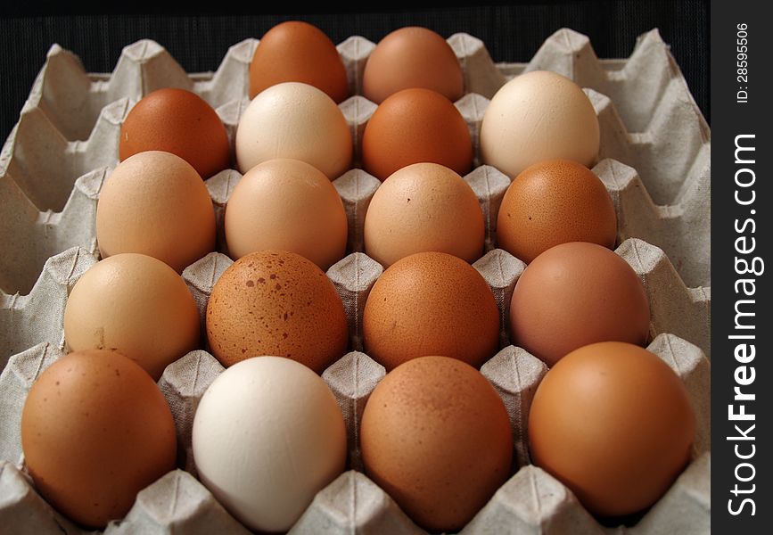 Domestic eggs on the gray paper tray. Domestic eggs on the gray paper tray