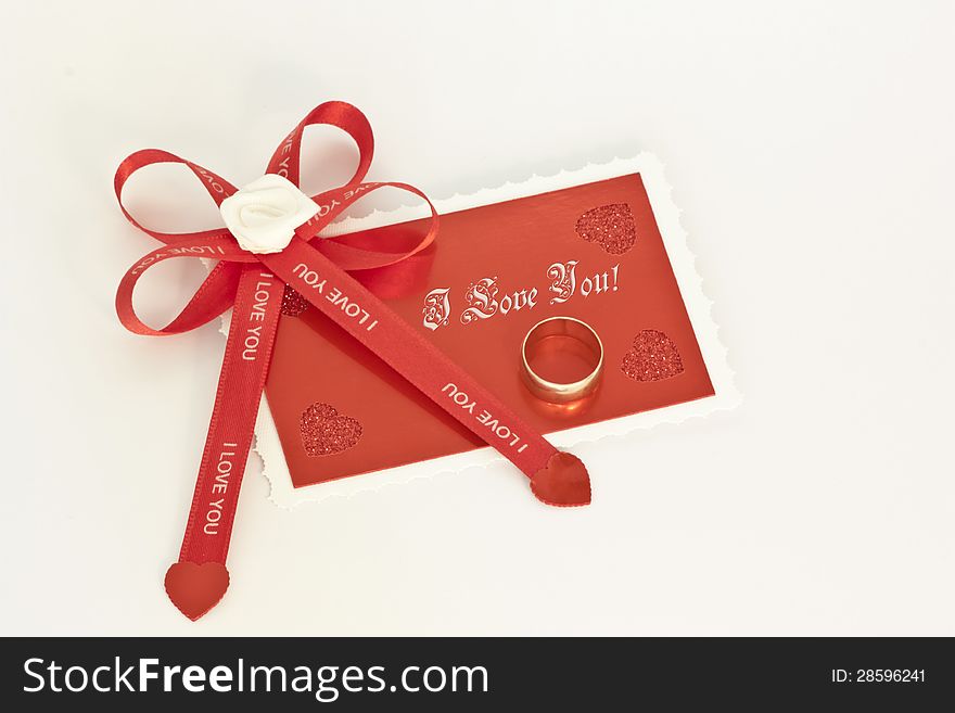 Valentine card with ribbon and ring