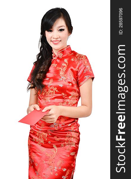 Pretty women with cheongsam ,In Chinese new year a red packet is a monetary gift