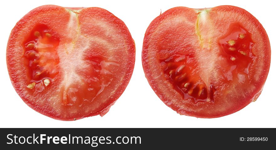 Two slices of juicy tomato isolated on a white background. Two slices of juicy tomato isolated on a white background.