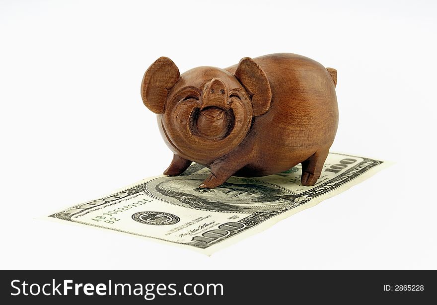 Scene to pigs costing on money on white background. Scene to pigs costing on money on white background