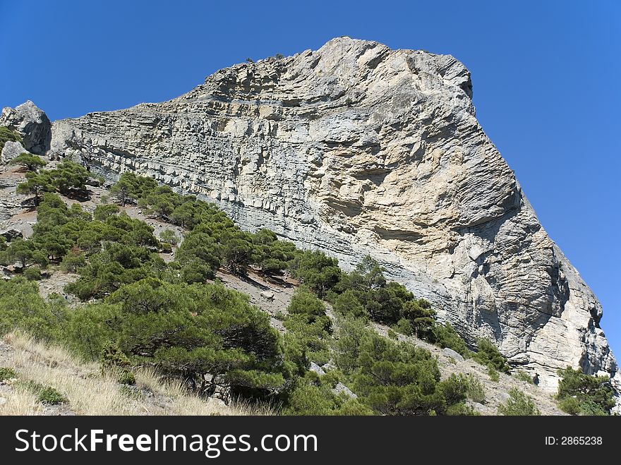 Mountain. An acting rock with vegetation in the foreground