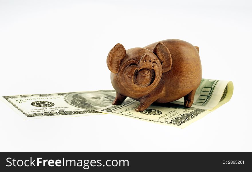 Scene to pigs costing on money on white background. Scene to pigs costing on money on white background