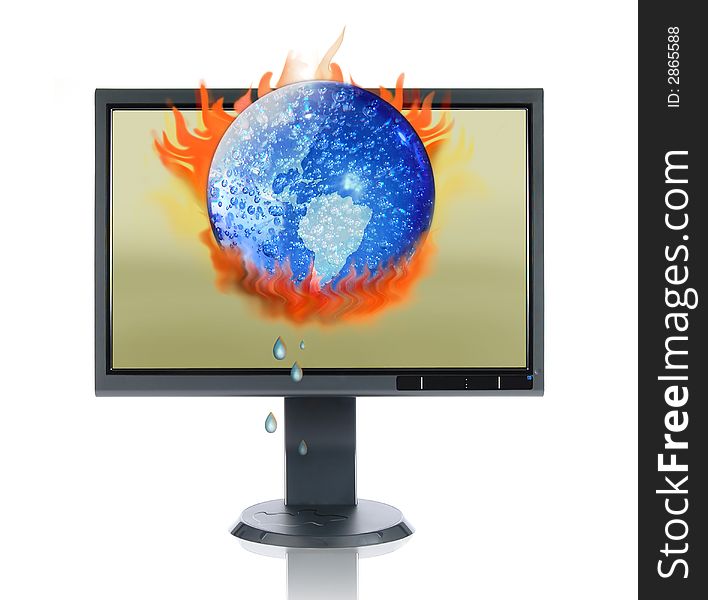LCD monitor and global warming isolated over a white background