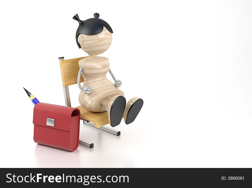 A little girl sits on a chair at school. 3d model. A little girl sits on a chair at school. 3d model