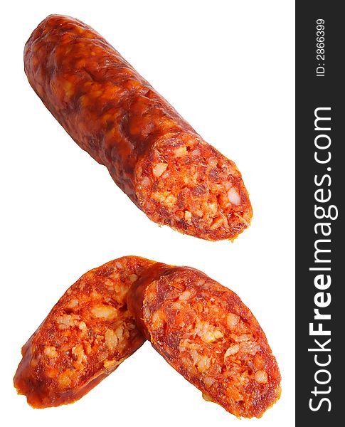 Cuted spicy home-made sausage isolated on white background