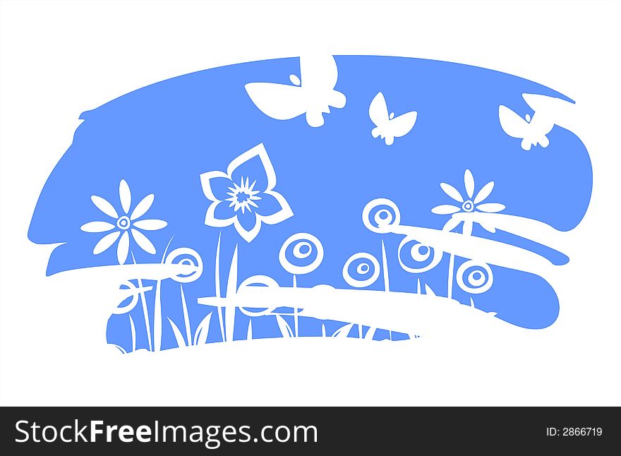 White silhouettes of flowers and butterflies on a background of a dark blue spot. White silhouettes of flowers and butterflies on a background of a dark blue spot.