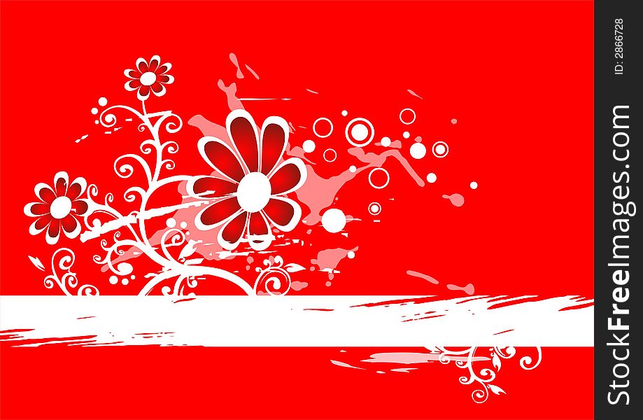 Red-white grunge background with red flowers and blots. Red-white grunge background with red flowers and blots.