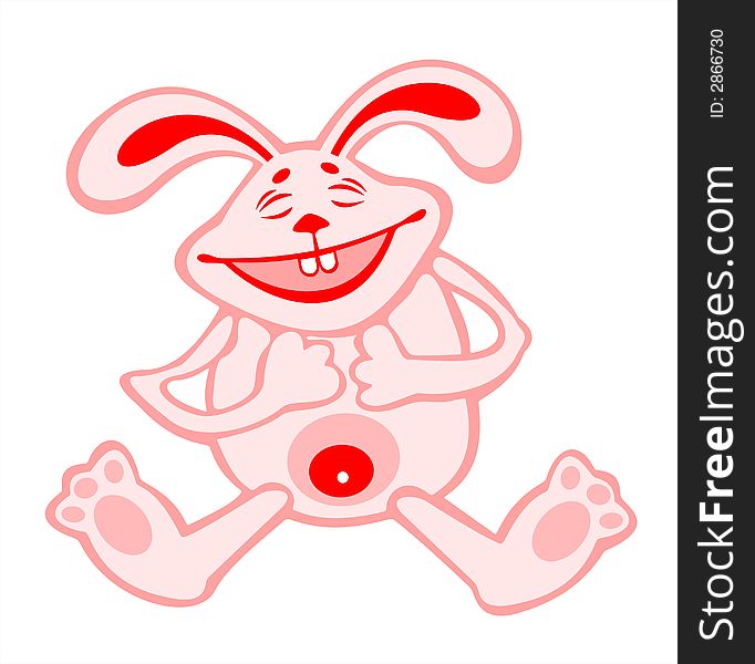 The laughing pink rabbit on a white background.