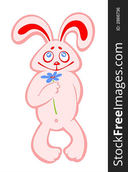 Pink enamored rabbit with a dark blue flower. Pink enamored rabbit with a dark blue flower.